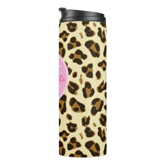 Frecher Leopard-Druck mit rosa Monogramm Thermosbecher (Nach rechts gedreht)