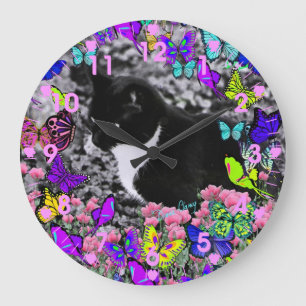Freckles in Butterfells II - Tuxedo Cat Clock Große Wanduhr