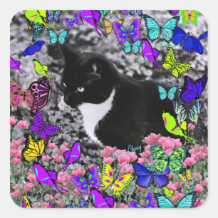Freckles in Butterflies II - Tuxedo Cat Quadratischer Aufkleber