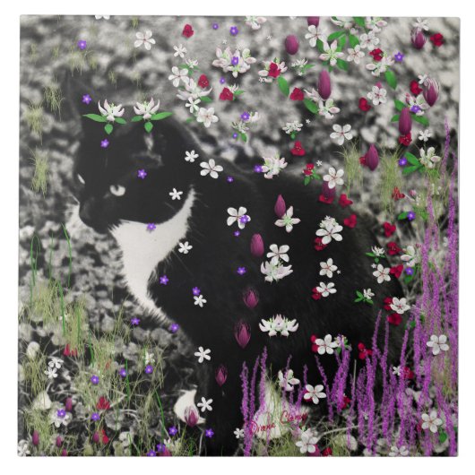 Freckles in den Blumen I - Schwarz-weißer Fliese (Vorderseite)