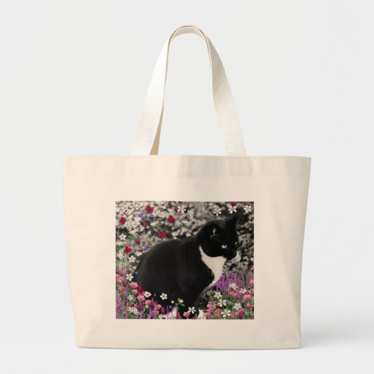 Freckles in den Blumen II - Tuxedo-Katze Jumbo Stoffbeutel (Vorne)