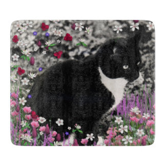 Freckles in den Blumen II, Tuxedokitty-Katze Schneidebrett