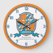 Freddy-Jungennamensbedeutungshundeschildorange Große Wanduhr (Vorderseite)
