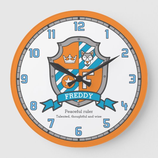 Freddy-Jungennamensbedeutungshundeschildorange Große Wanduhr (Vorderseite)