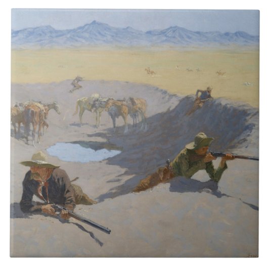 Frederic Remington - Kampf für das Waterhole Fliese (Vorderseite)