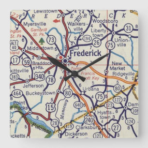 Frederick Maryland Vintage Map Quadratische Wanduhr
