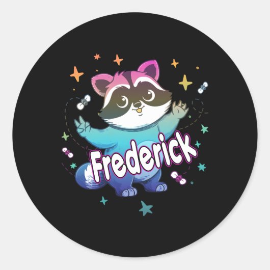 Frederick Name mit Raccoon Runder Aufkleber (Vorderseite)