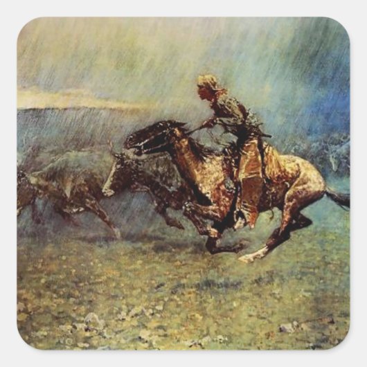 Frederick Remington Western Art "The Stampede" Quadratischer Aufkleber (Vorderseite)