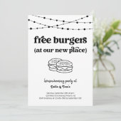 Free Burgers Funny Housewarming Party Einladung (Stehend Vorderseite)