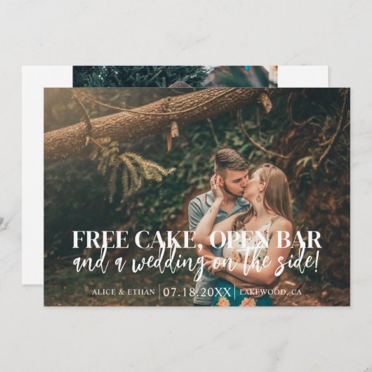 Free Cake Open Bar Funny Wedding Save The Date (Vorne/Hinten)