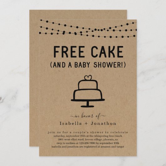 Free Cake und ein Baby Duschpaare Geschlechtsneutr Einladung (Vorne/Hinten)