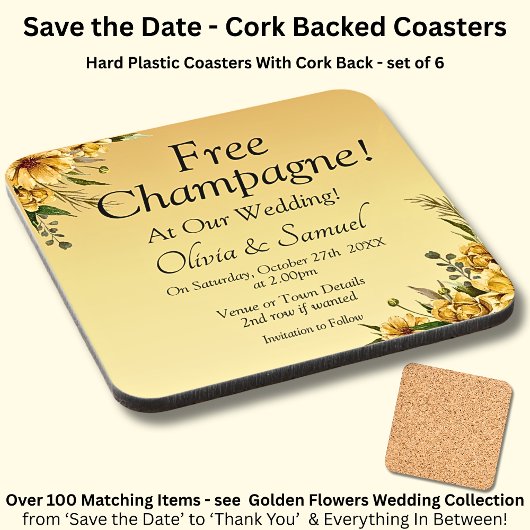 Free Champagne Golden Yellow Flowers Cork Backed Getränkeuntersetzer