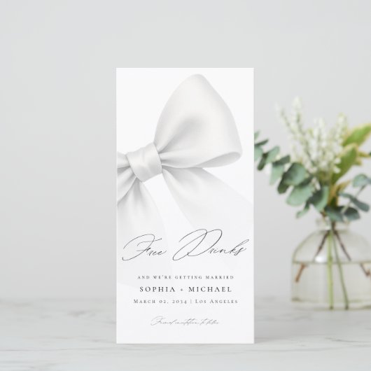 Free Drinks Elegant Bow Modern Wedding Bookmark Save The Date (Stehend Vorderseite)