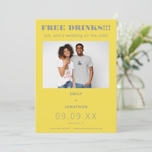Free Drinks Foto Lässig Gelb Grau Save the Date (Stehend Vorderseite)