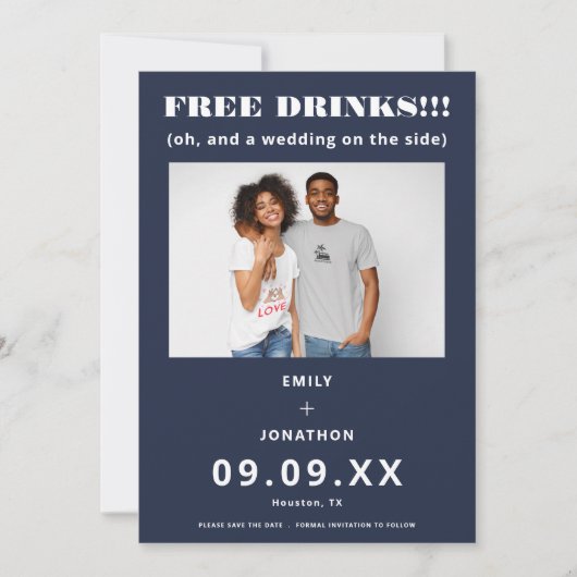 Free Drinks Foto Lässig Navy White Save the Date (Vorderseite)