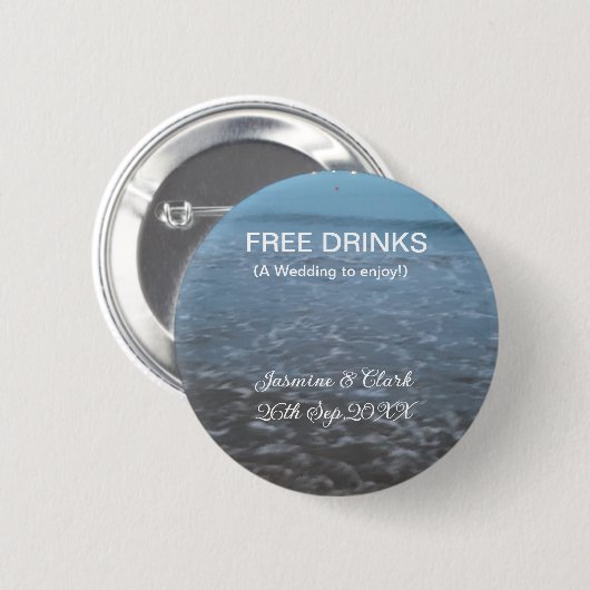Free drinks save the date beach wedding add name button (Vorne & Hinten)