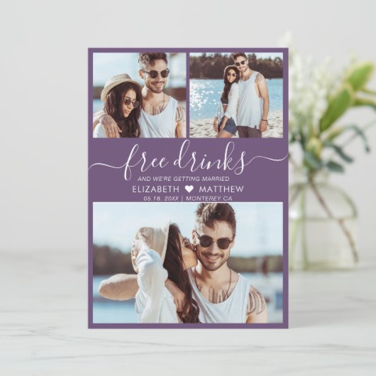 Free Drinks Script Lila 3 Foto Collage Wedding Save The Date (Stehend Vorderseite)