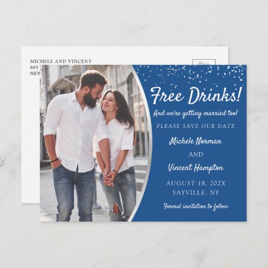 Free Drinks Silver Blue Foto Save the Date Lässig Postkarte (Vorne/Hinten)