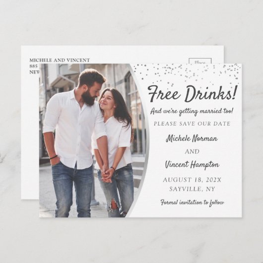 Free Drinks Silver Foto Save the Date Lässig Postkarte (Vorne/Hinten)