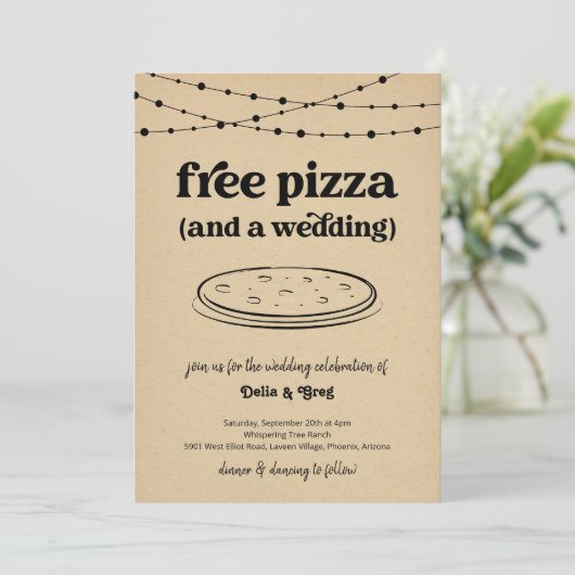 Free Pizza Funny Wedding Invitation Einladung (Stehend Vorderseite)