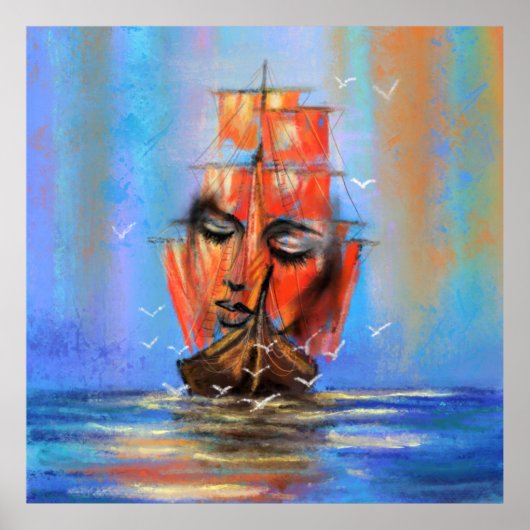 Free Sailing Relief boat Lady - Original Art Paint Poster (Vorne)