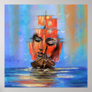 Free Sailing Relief boat Lady - Original Art Paint Poster