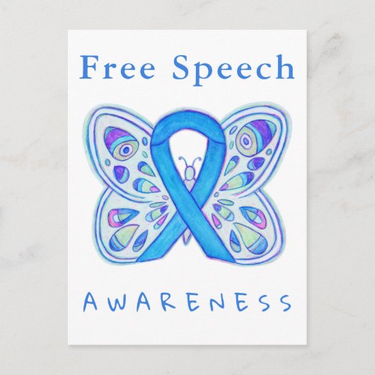 Free Speech Blue Awareness Ribbon Butterfly Cards Postkarte (Vorderseite)