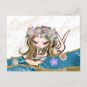 *~* Free Spirit Blume Kinderlesen Gold Blue Postkarte
