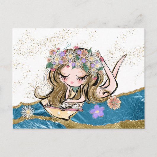 *~* Free Spirit Blume Kinderlesen Gold Blue Postkarte (Vorderseite)