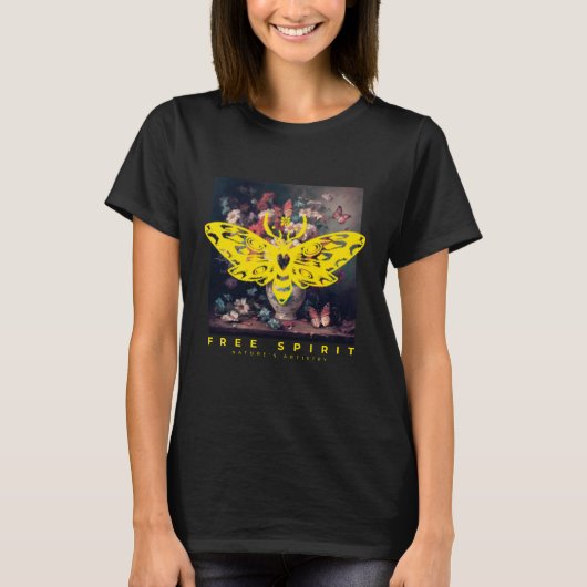 Free Spirit Moth und Blume Vase Black T-Shirt (Vorderseite)
