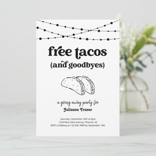 Free Taco Funny Goway Away Party Einladung (Stehend Vorderseite)
