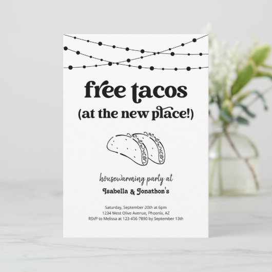 Free Taco Funny Housewarming Party Einladung (Stehend Vorderseite)