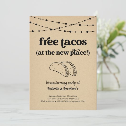 Free Taco Funny Housewarming Party Einladung (Stehend Vorderseite)