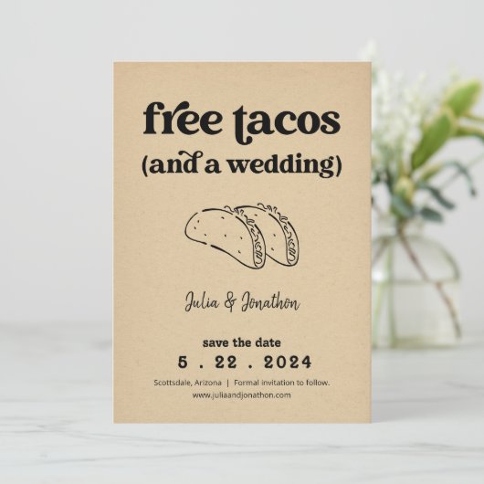 Free Tacos Funny Save the Date Card Einladung (Stehend Vorderseite)