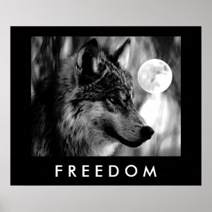 Freedom Motivierend Gray Wolf & Moon Poster Print