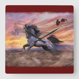 Freedom Mustang & Eagle Patriotic Quadratische Wanduhr