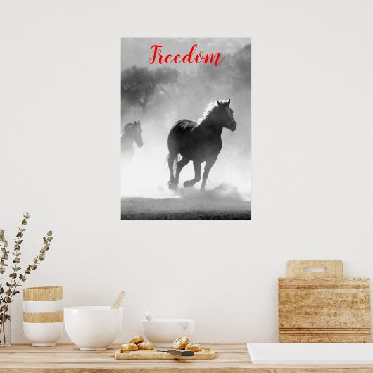 Freedom Red Schwarz-weiß Running Pferde Poster (Küche)