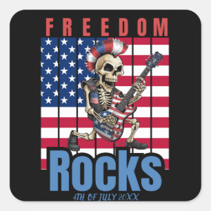 Freedom Rocks Skeleton mit Gitarrenamerikanischer  Quadratischer Aufkleber