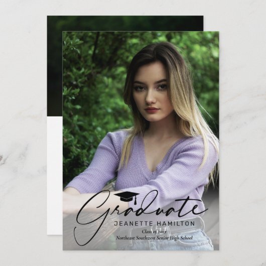 Freehand Script Front/Back Foto Abschluss Einladung (Vorne/Hinten)