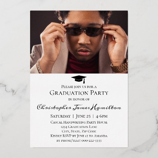 Freehand Script Front/Back Foto Abschluss Folieneinladung (Rückseite)