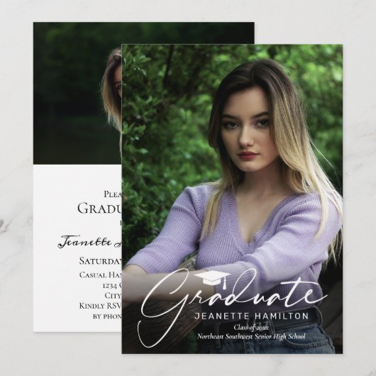 Freehand Script Front/Back Foto Abschluss Invita Einladung (Vorne/Hinten)