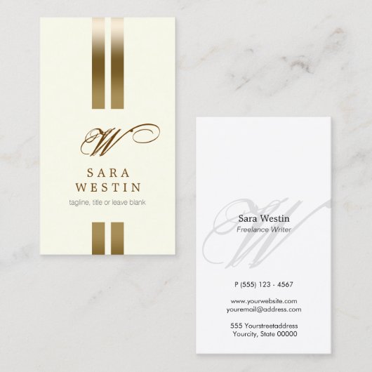 Freelance Writer Elegant GoldStripe ScriptMonogram Visitenkarte (Vorne/Hinten)