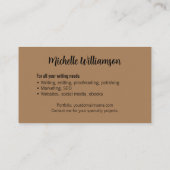 Freelance Writer Minimal Warm Brown Visitenkarte (Rückseite)