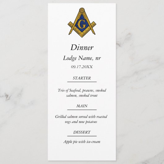 Freemason Masonic Mauerfest Abendessen Nahrung Menükarte (Vorderseite)
