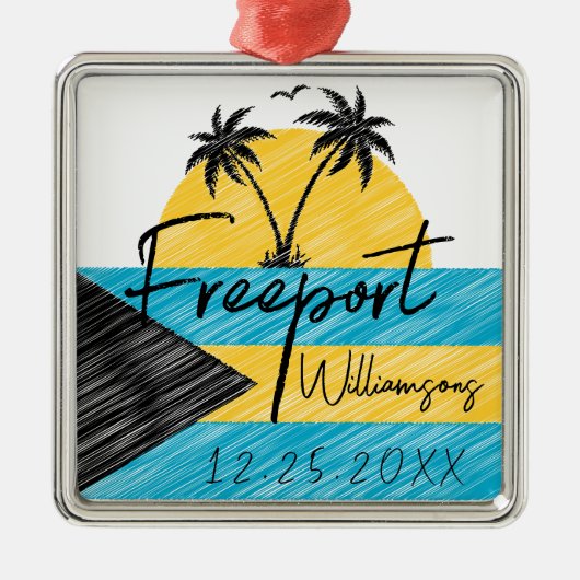 Freeport Bahamas Flag Palm Tree Sunset Souvenirs Ornament Aus Metall (Vorne)