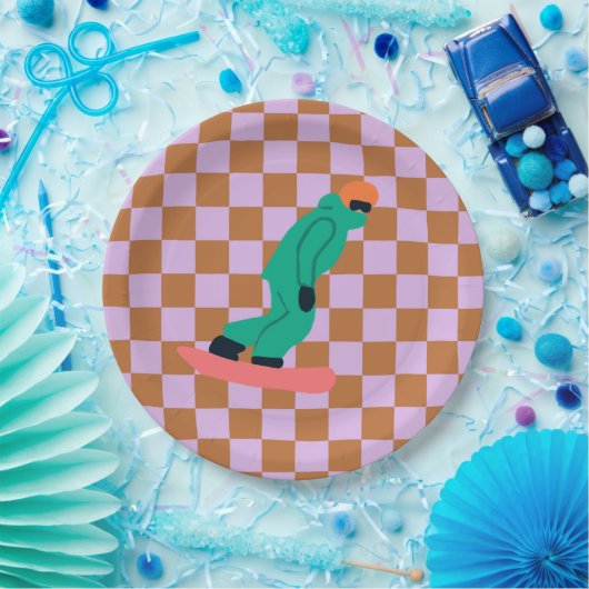 Freeride Snowboarder Green Anzug Checkered Pappteller (Party)