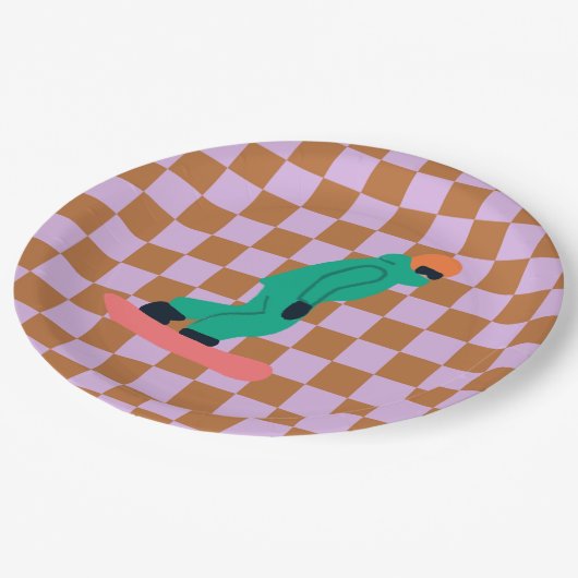 Freeride Snowboarder Green Anzug Checkered Pappteller (Schrägansicht)