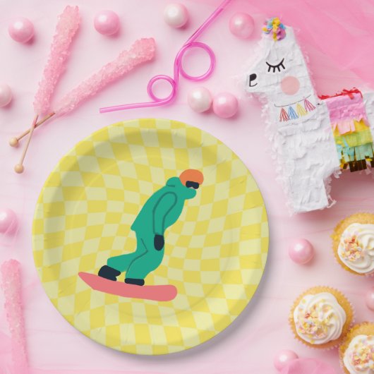 Freeride Snowboarder Grüner Anzug Gelb Pappteller (Party)