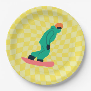 Freeride Snowboarder Grüner Anzug Gelb Pappteller