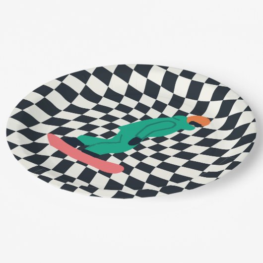 Freeride Snowboarder in grünem Anzug Checkered Pappteller (Schrägansicht)